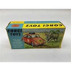 Corgi - Volkswagen 1200 East African Safari Trim No.256 in orange with sticker to bonnet, RN18, light brown interior, plated parts including chassis dished spun wheels with black tyres. Complete with rhinoceros figure and inner diorama stand; boxed