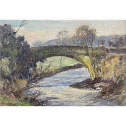 Owen Bowen (Staithes Group 1873-1967): A Stone Bridge at Dusk, oil on canvas laid on board signed 24cm x 34cm