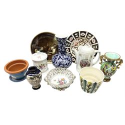 Quantity of ceramics to include Royal Crown Derby Imari plate, no. 2451, Sastuma vase, Frederick Rhead blue and white Prunus vase for Wood and Sons, Dresden pierced basket bowl with encrusted flowers and twin handles, James Kent Old Foley lidded jar with floral decoration, etc