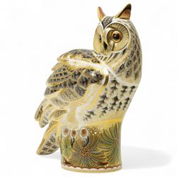 Royal Crown Derby Imari: Long Eared Owl, limited edition paperweight No 114 of 300, designed by Tien Manh Dinh signed by Hugh Gibson and with gold stopper and certificate H27cm