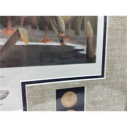 Five limited edition framed coloured prints of shooting interest comprising after C. Stanley Todd game birds taking flight in a mountainous lake landscape no.348/600; after J.C. Harrison game birds in flight over fields no.285/500; after Alan B. Hayman  'A Right and Left?' no.398/850; after Andy Beck 'Pheasant Drive' no.56/350; and after Leo Stans 'Autumn Air'; all signed on the mount; various frames (5)