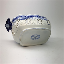 Mid 19th century blue and white transfer printed pearlware reticulated chestnut basket, of oval form with twin handles, decorated to the interior with figures before a classical temple within a garden setting, including handles W26cm, together with a mid 19th century blue and white transfer printed pearlware stand with reticulated edge, decorated with a Willow Pattern, L25cm, and a John and William Ridgeway blue and white transfer printed twin handled pierced basket, decorated with a pastoral scene containing figures at work, with printed mark beneath, including handles L25cm
