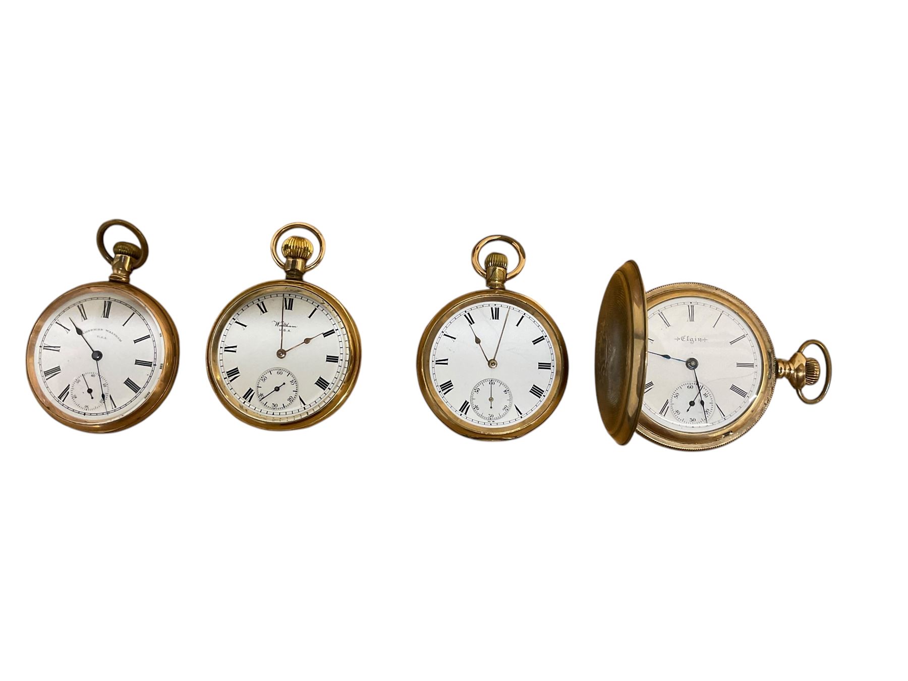 Four American early 20th century gold filled pocket watches, stem wound and set.