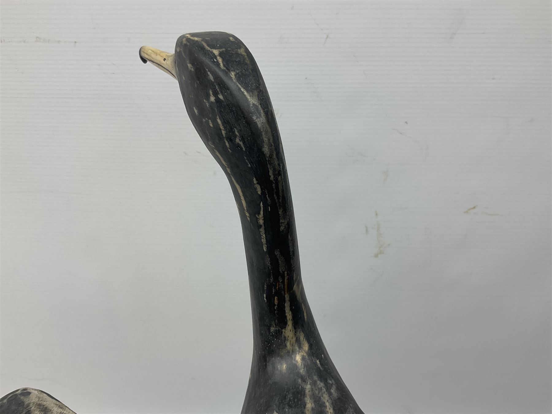 Wooden sculpture of Cormorant aquatic bird on a naturalistic wooden plinth, H46cm