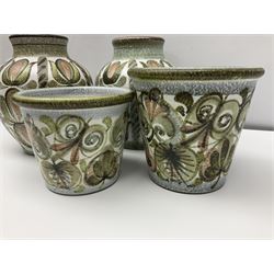 Pair of Denby Glyn Colledge stoneware vases of baluster form with floral decoration over cream ground, together two jardiniere in a similar design, vases H24cm