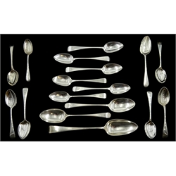 George III silver tablespoon Old English pattern by George Burrows I, London 1801, two silver dessert spoons by Cooper Brothers & Sons Ltd, five silver teaspoons by Robert Wallis, five by Joseph Rodgers & Sons, and three other teaspoons, all hallmarked, approx 12.1oz