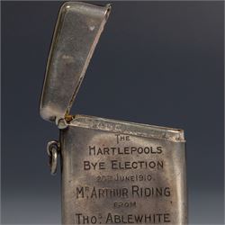 Edwardian silver vesta case, with presentation engraving reading 'The Hartlepools Bye Election 20th June 1910 Mr Arthur Riding from Tho.s Alblewhite Pleasant Memories', hallmarked 	William M Hayes, Birmingham 1909