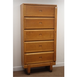  Mid 20th century light oak cabinet, five up and over doors enclosing fitted interior, lockable pilaster, W92cm, H186cm, D38cm  