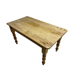 Traditional pitch pine farmhouse table, rectangular top raised on turned supports