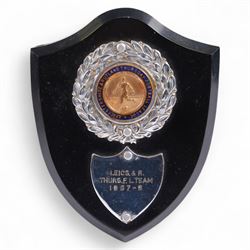 Six 1950s Leicester & Rutland Football League and Challenge Cup  silver plated trophy cups and plaques, from the estate of former Leicester City player Colin Appleton, largest H18cm