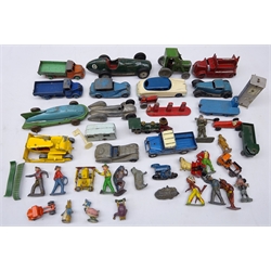  Collection of Dinky, Corgi, Matchbox and other diecast vehicles including Benbros Qualitoys Tractor, clockwork tin plate streamline car, Charbens Fire Engine, Scalex tinplate and clockwork model of a Ferrari 4.5ltr, Lesney Esso Petrol pumps, diecast figures and accessories, all worn   