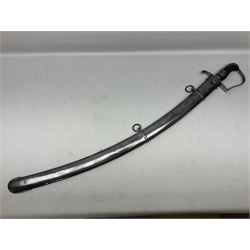 British 1796 Pattern Light Cavalry trooper's sword, the 84cm curving fullered blade stamped Hadley.1 to the back edge, steel hilt with knucklebow, D-shaped langets and leather grip; in polished steel scabbard stamped Osborn & Gunby Birmm. and W.R.16 ( ?16th Light Dragoons) with two suspension rings L100cm overall