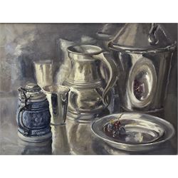 Neil Tyler (British 1945-): Still Life - 'Various White Metals', oil on canvas signed 45cm x 60cm