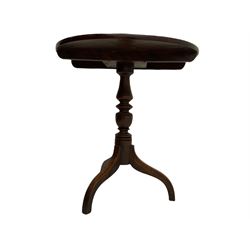 19th century mahogany tripod table, circular figured top on turned pedestal, three spayed supports