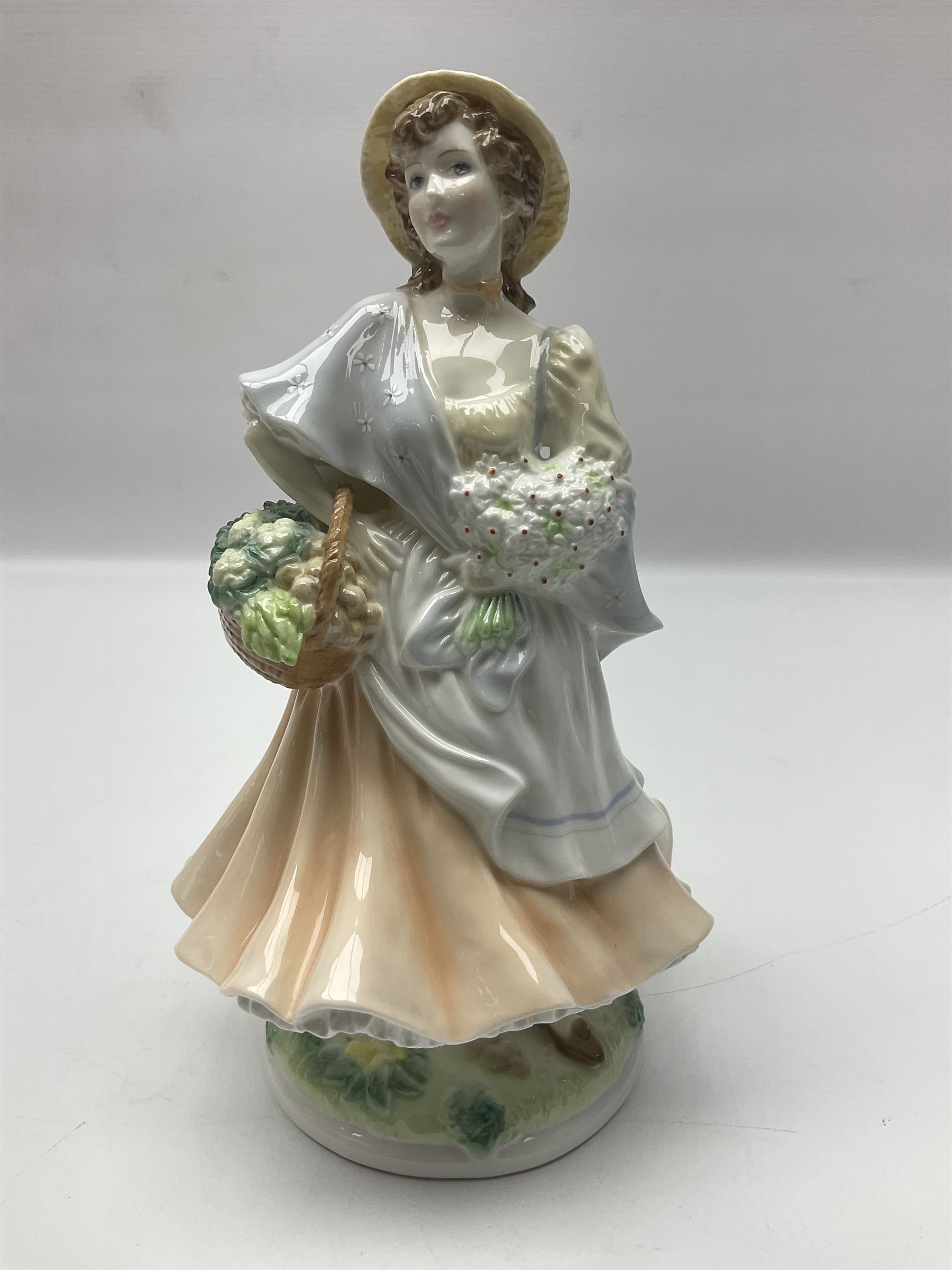 Five Royal Worcester figures, comprising Market Day, Noelle, Bakers Wife, Goose Girl and Fruit Picking, all with printed marks beneath and some with certificates of authentication  