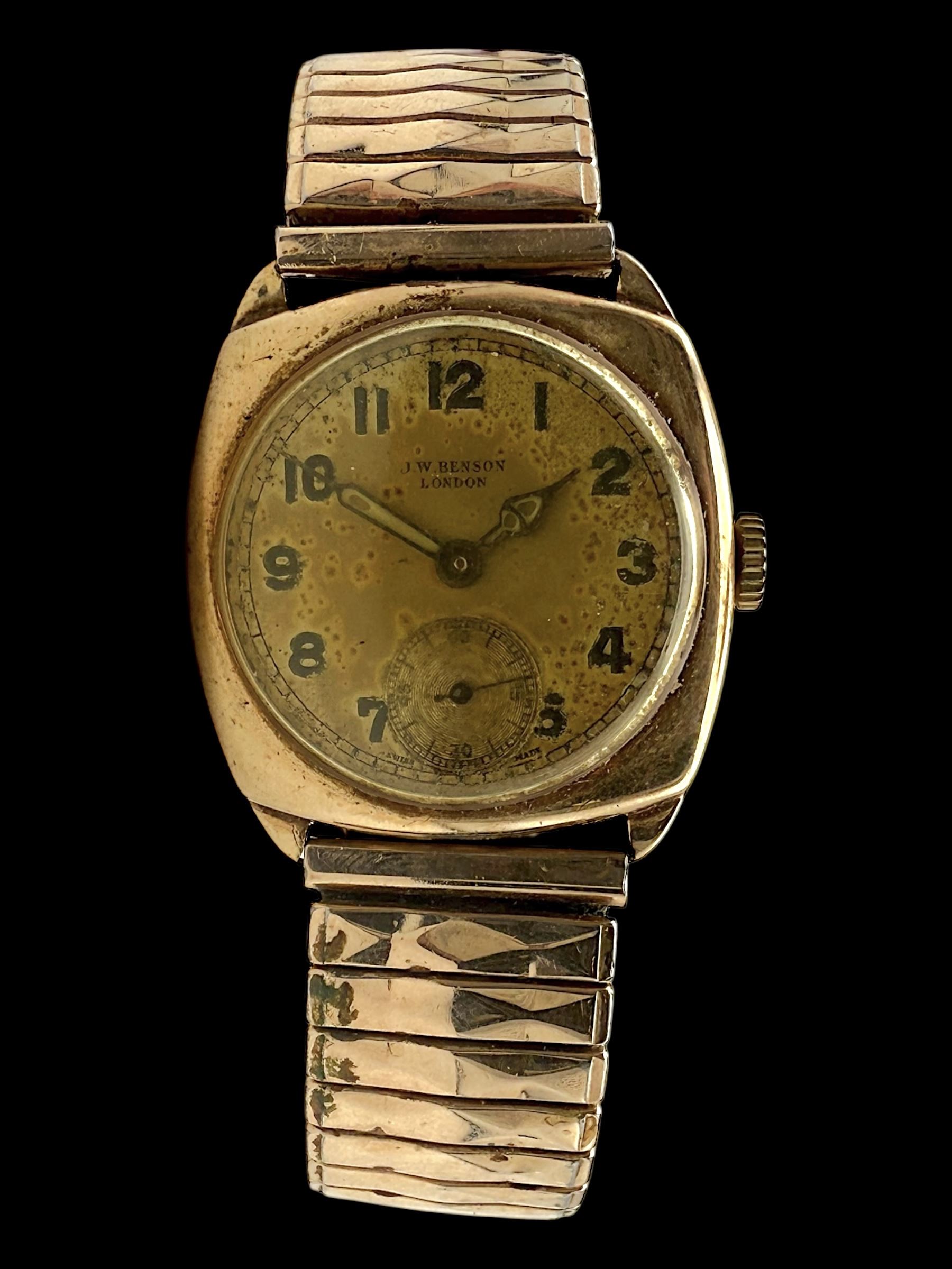 J W Benson 9ct rose gold manual wind wristwatch, the back case engraved with initials CM, Birmingham 1942, on expanding gilt strap 