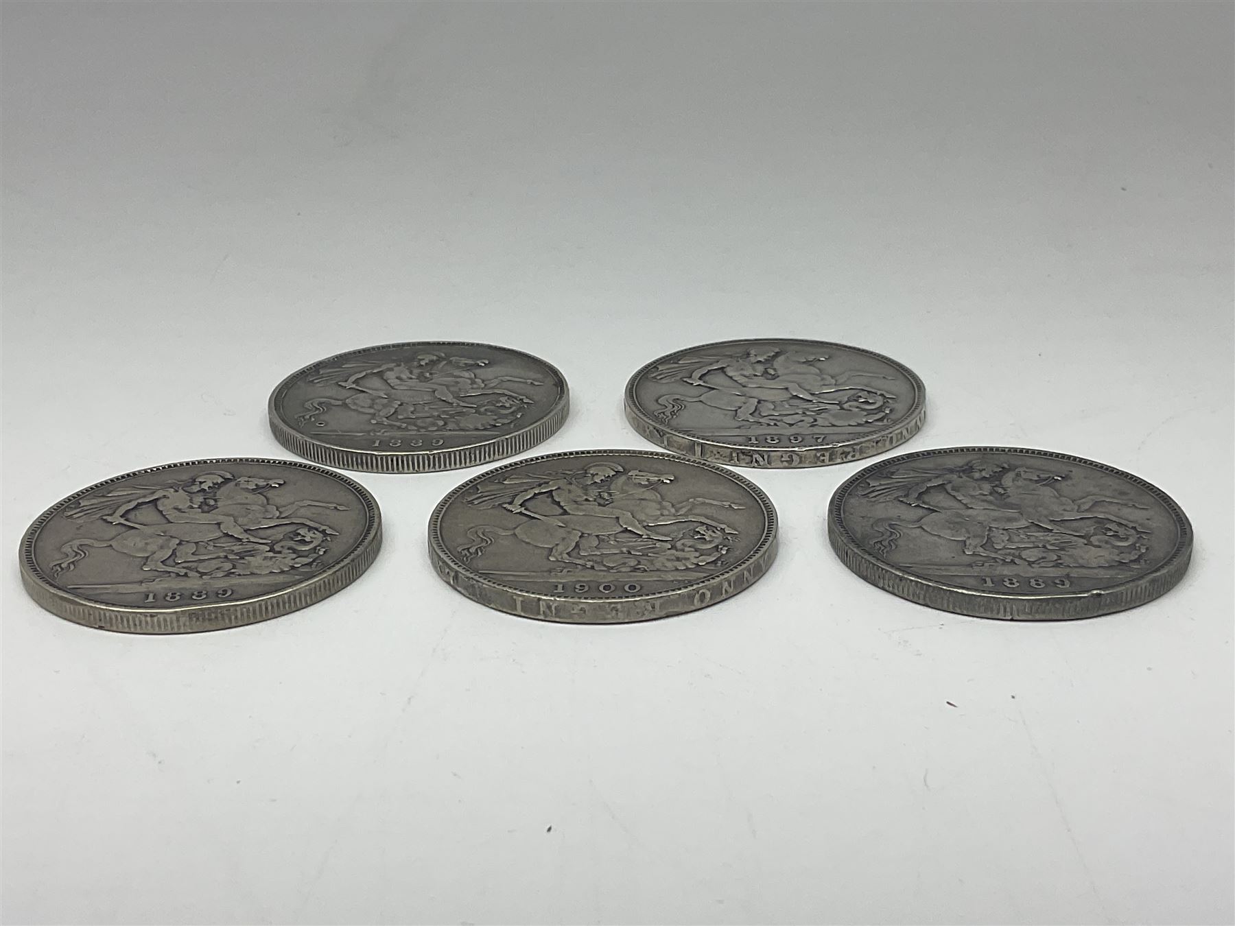 Five Queen Victoria crown coins, dated three 1889, 1897 and 1900 (5)