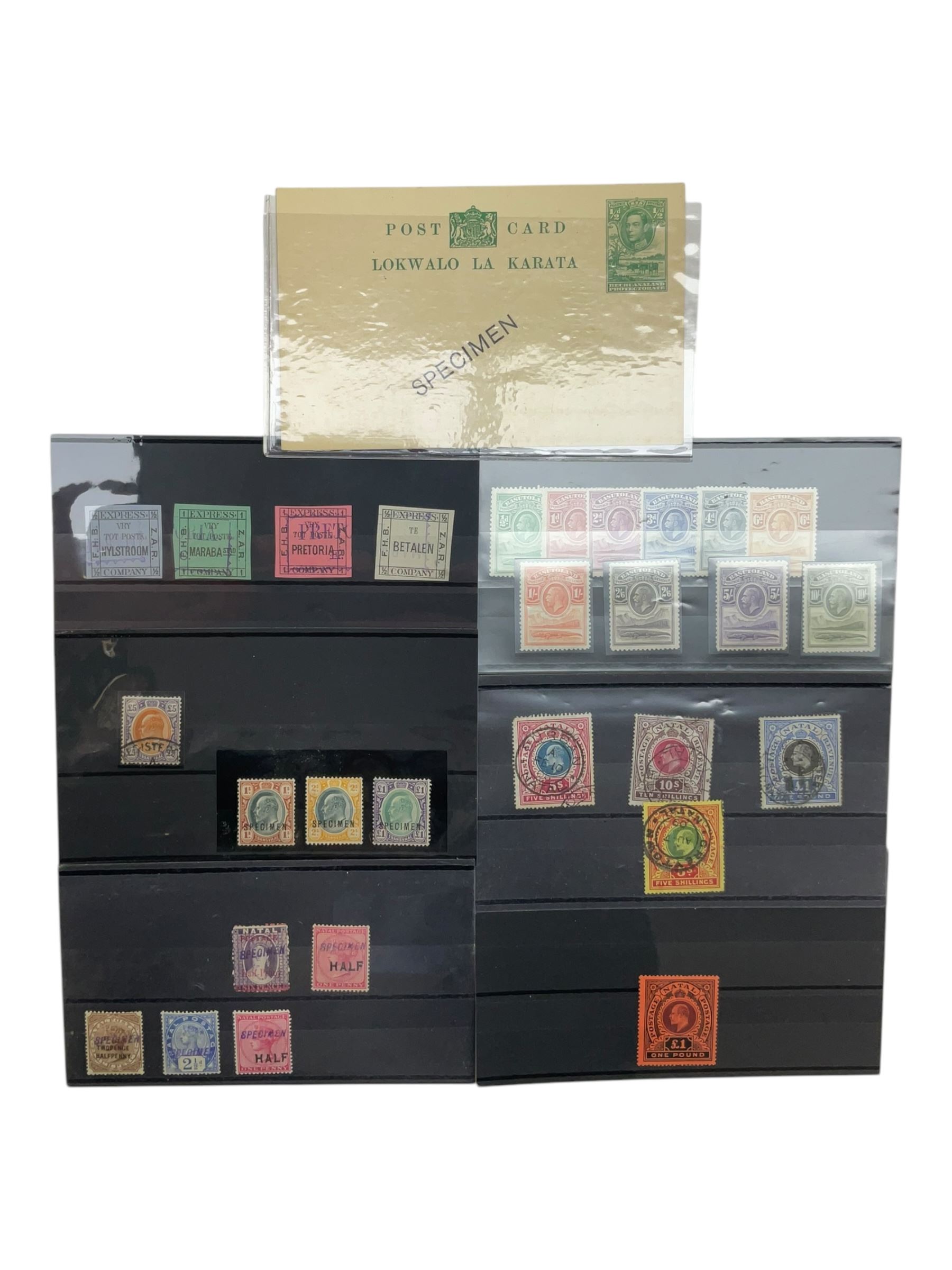 Transvaal King Edward VII 1903 five pounds with 'registered' cancel, Natal King Edward VII 1908/9 one pound, Basutoland King George V 1933 set of ten to ten shillings and other stamps with specimen overprints etc