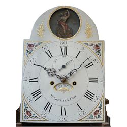 William Gostling of Diss  (Norfolk)-  Late 18th century 8-day oak longcase clock c1780-90, break arch top with scalloped cresting and three brass finials, glazed break arch hood door flanked by turned pilasters with brass capitals, trunk with a long trunk door and rounded top on a square plinth with an applied and shaped skirting, early painted Wilson of Birmingham dial with Roman numerals and five minute Arabic's, matching steel hands and second pointer, arched square ended calendar aperture with date disc behind, floral spandrels within gesso borders and a painted rocking automaton representing Mercury to the break arch, dial pinned via a false plate to a weight driven rack striking movement with a recoil anchor escapement, striking the hours on a cast bell. With pendulum weights and key. 
William Gostling (II) is recorded as working in Diss from 1774 to 1797, succeeded by widow Anne and son George . The dial of this clock is illustrated and discussed in detail in M.F. Tennants book 
