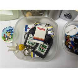 Collection of enamel badges and keyrings, including silver examples, etc