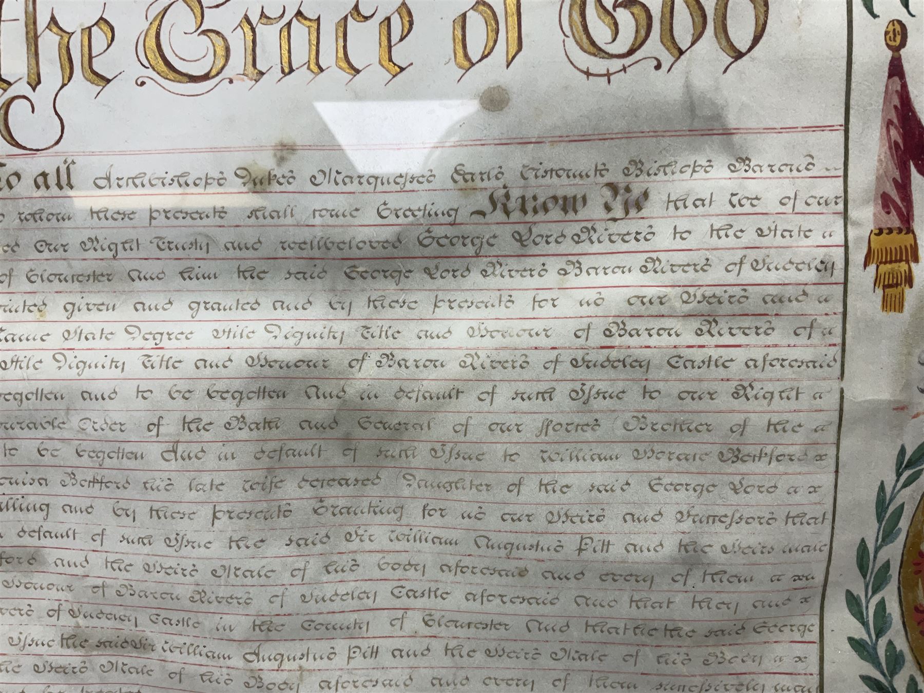 Large 18th century framed and glazed Indenture for King George III to George Rivers, Lord Rivers of Straths Saye, including frame H92.5cm L107.5cm
