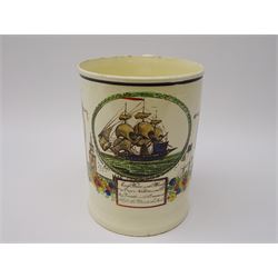 Early 19th century Sunderland Dawson & Co creamware pottery mug, the cylindrical body black transfer printed and polychrome detailed with a circular panel of a three-masted ship flanked by two figures of Peace and Plenty, above a panel containing verse 'May Peace with Plenty on our Nation smile [...]' H15cm D11cm