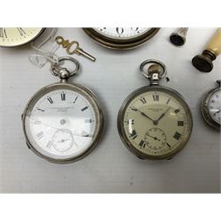 Three silver cased open face pocket watches, together with two other watches, horn pendent etc 