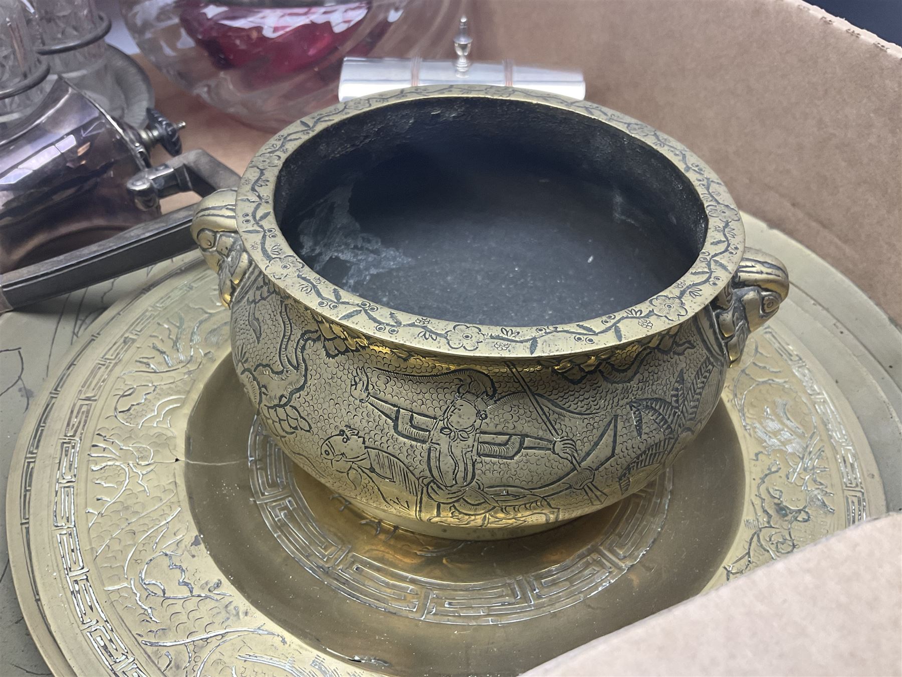 Uranium green glass vase, together with cranberry glass jug, glass dish with silver plate rim, glass cruet set etc, in two boxes 