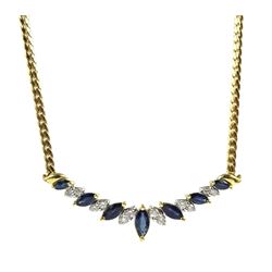 18ct gold marquise shaped sapphire and round brilliant cut diamond necklace, stamped 750