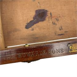 Howard & Sons. - 19th century walnut twin pedestal desk, moulded rectangular top with tooled leather inset, fitted with nine drawers with circular pressed brass handle plates decorated with urns, each drawer fitted with a 'Hobbs, London' lock, on plinth base, the upper right-hand drawer stamped 'Howard & Sons, Berners St.' and with paper label