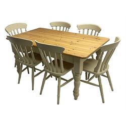 Farmhouse style painted pine kitchen dining table and set six farmhouse style chairs