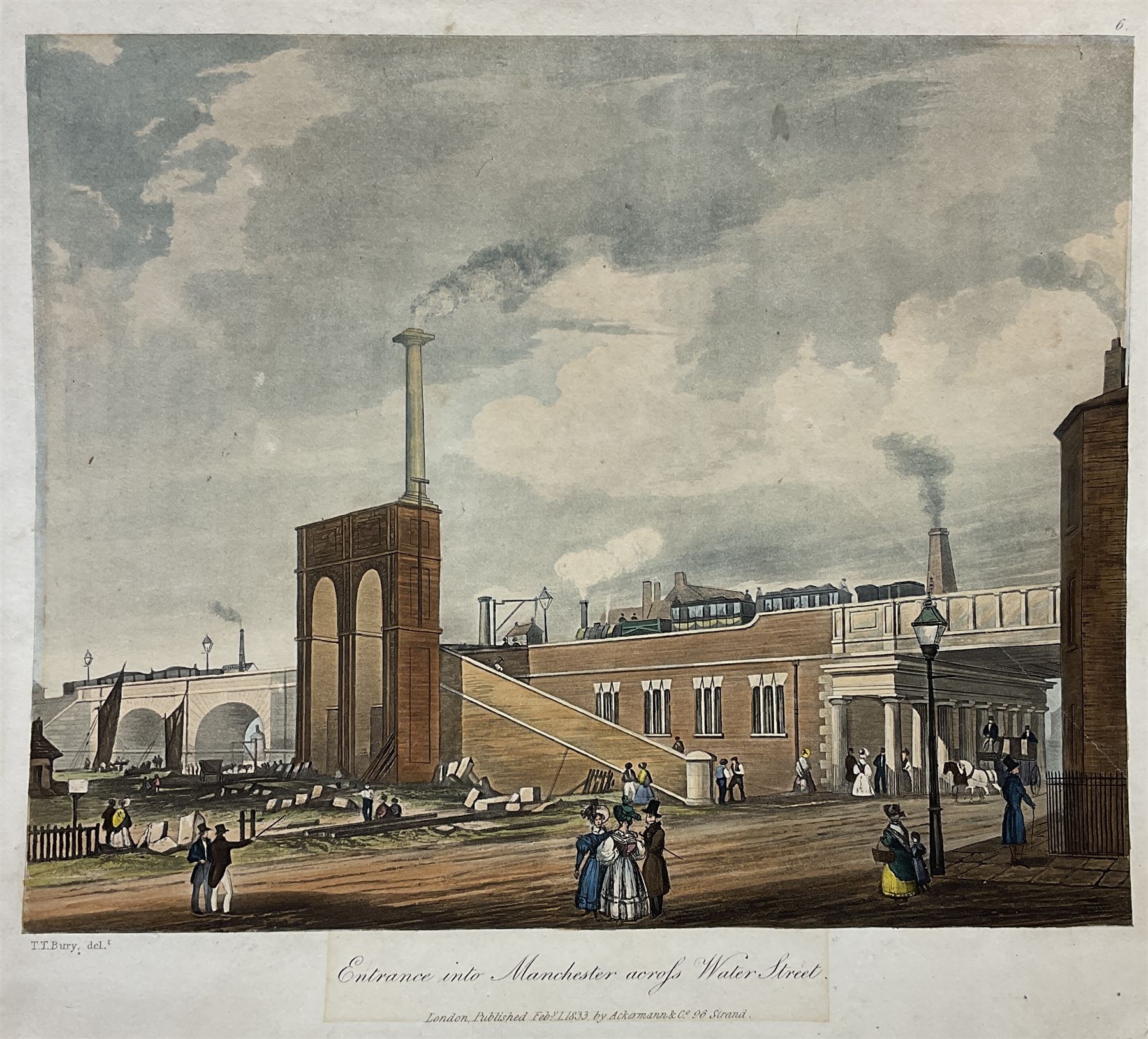 Henry Pyall and S G Hughes after Thomas Talbot Bury (British 1811-1877): Views on the Liverpool and Manchester Railway, twelve aquatints (two doubled up) with hand colouring pub. Ackermann c.1831-1833, 20cm x 25cm (12) (unframed)
Notes: Plates consist of: '[1] The Tunnel' (x2) (both 1831 and 1833 editions), '[2] Entrance of the Railway at Edge Hill Liverpool', '[3] Excavation of Olive Mount four miles from Liverpool', '[6] Entrance into Manchester across Water Street', '[8] Railway Office Liverpool', '[9] Warehouses at the end of the Tunnel towards Wapping' (x2) (both 1831 and 1833 editions), '[10] Moorish Arch looking from the Tunnel' '[11] Near Liverpool looking towards Manchester', '[12] Rainhill Bridge', '[13] Taking in Water at Parkside'.
