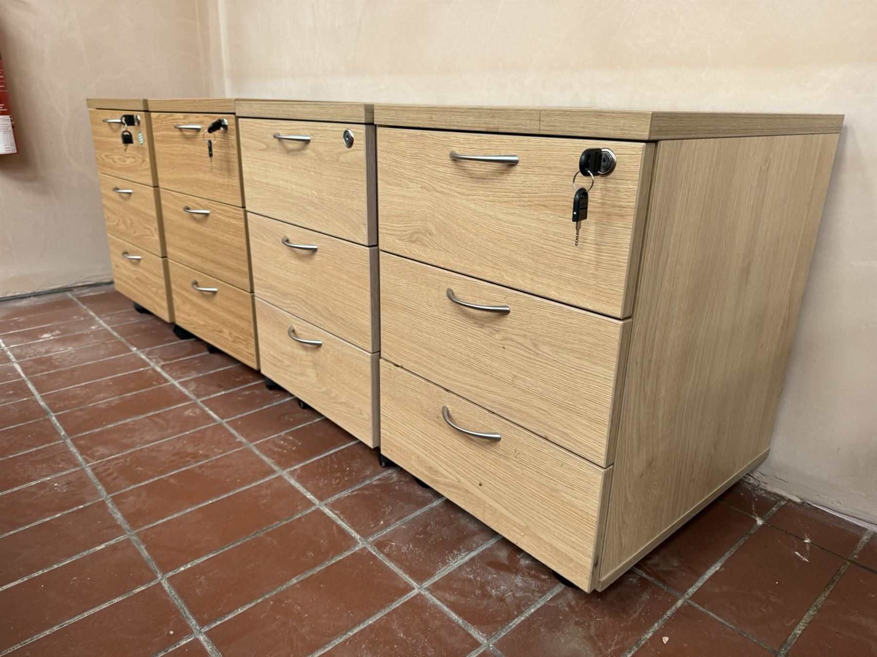 4 x light oak low filing pedestals on castors | Office Furniture ...