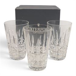 Set of twelve Waterford Crystal Kylemore pattern tumblers and matching jug, tumblers H13cm