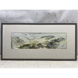 Peter Michael Hicks (Yorkshire 1937-): 'Little Fryup Dale', acrylic signed with initials and dated '97, exhib. Scarborough Art Gallery 'Celebrating the North York Moors', 2001, label verso 18cm x 63cm 