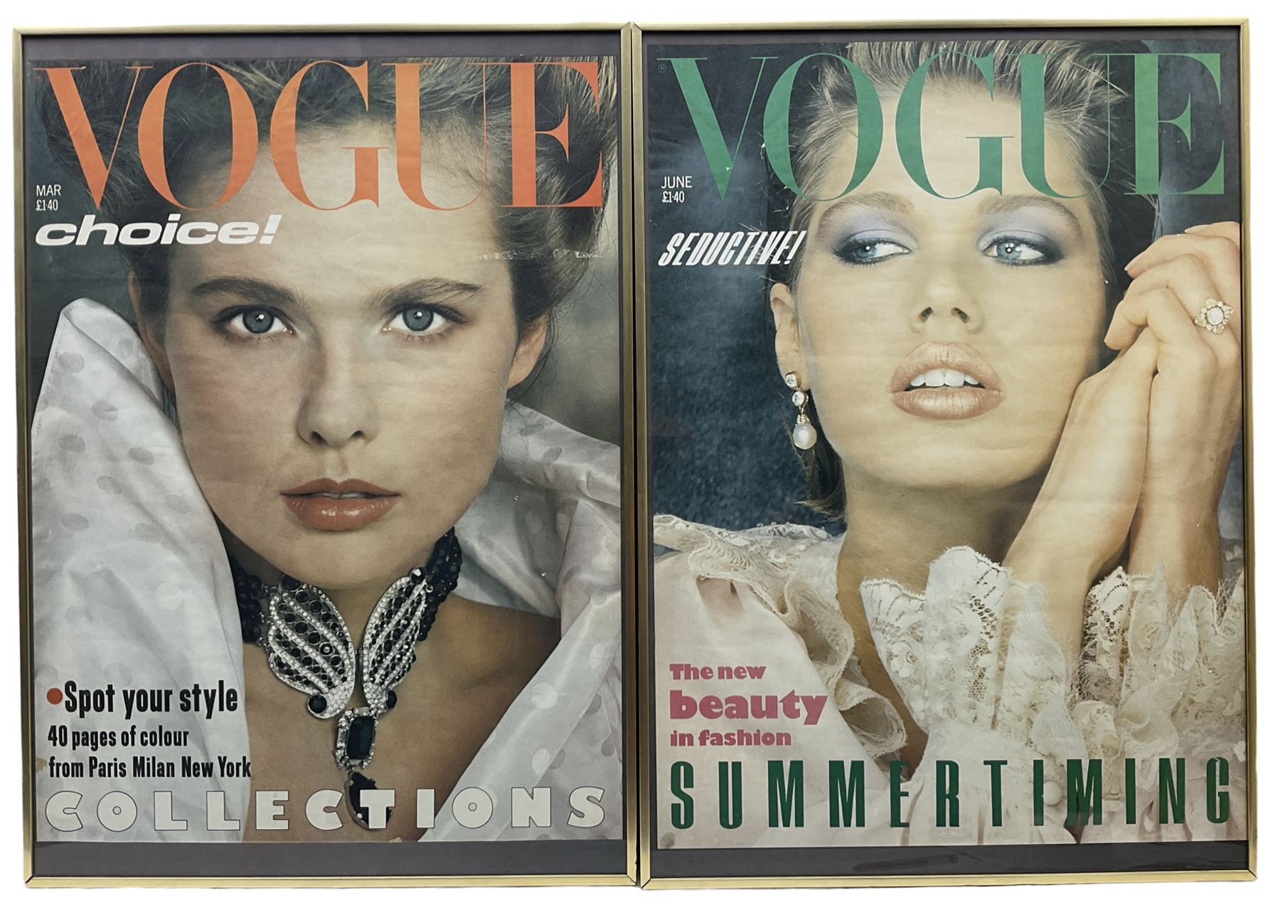 Vintage British Vogue Magazine Cover Posters from Feb, April & August 1981, June 1982, March & June 1983, with cover shots of Lisa Ryall, Susan Hess, Lady Diana Spencer, Jerri Narr, Nancy DeWeir and Beth Rupert,  67cm x 48cm (6)
