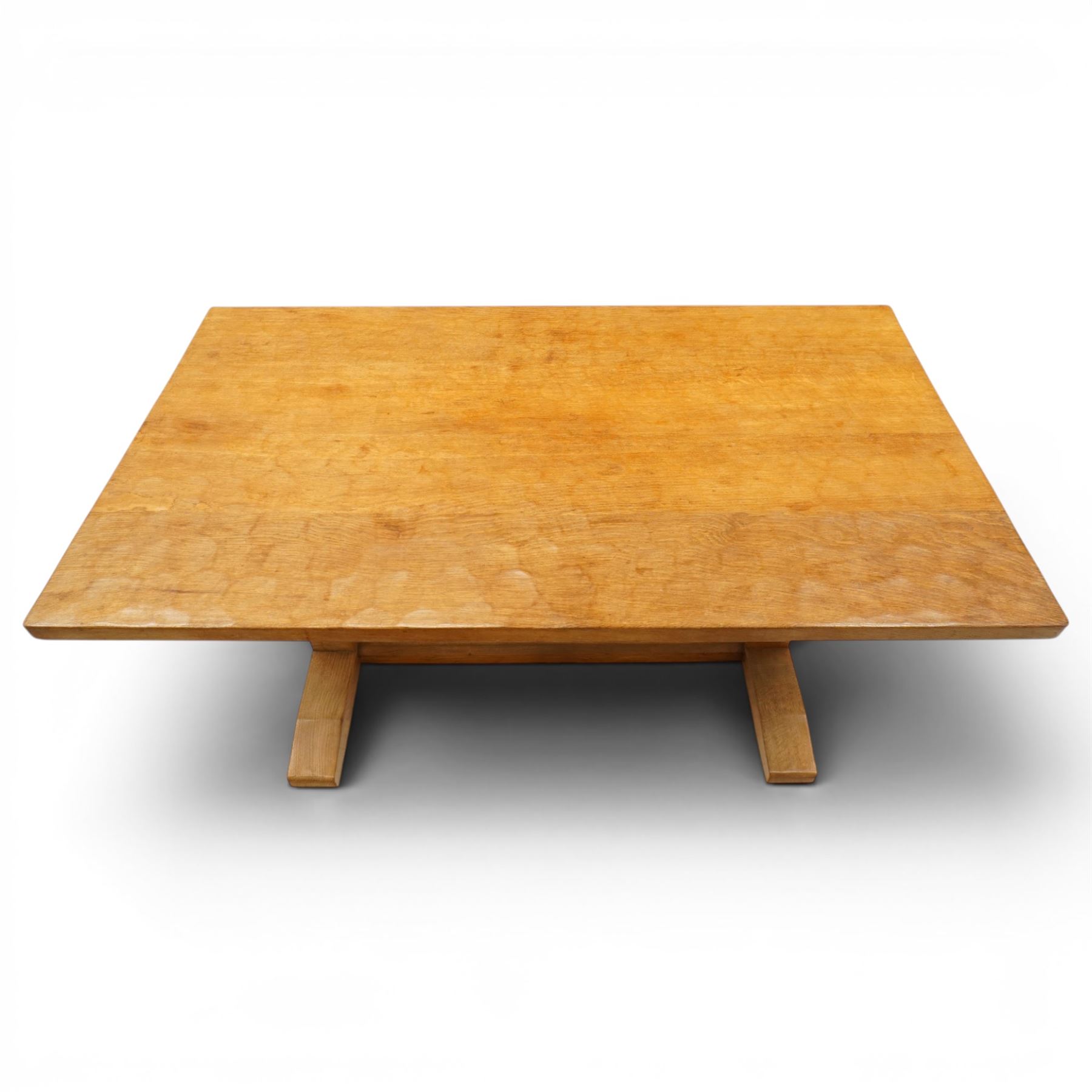 Lizardman - 5' oak refectory dining table, rectangular adzed top, octagonal turned supports united by stretcher with carved lizard signature, by Derek Slater of Crayke