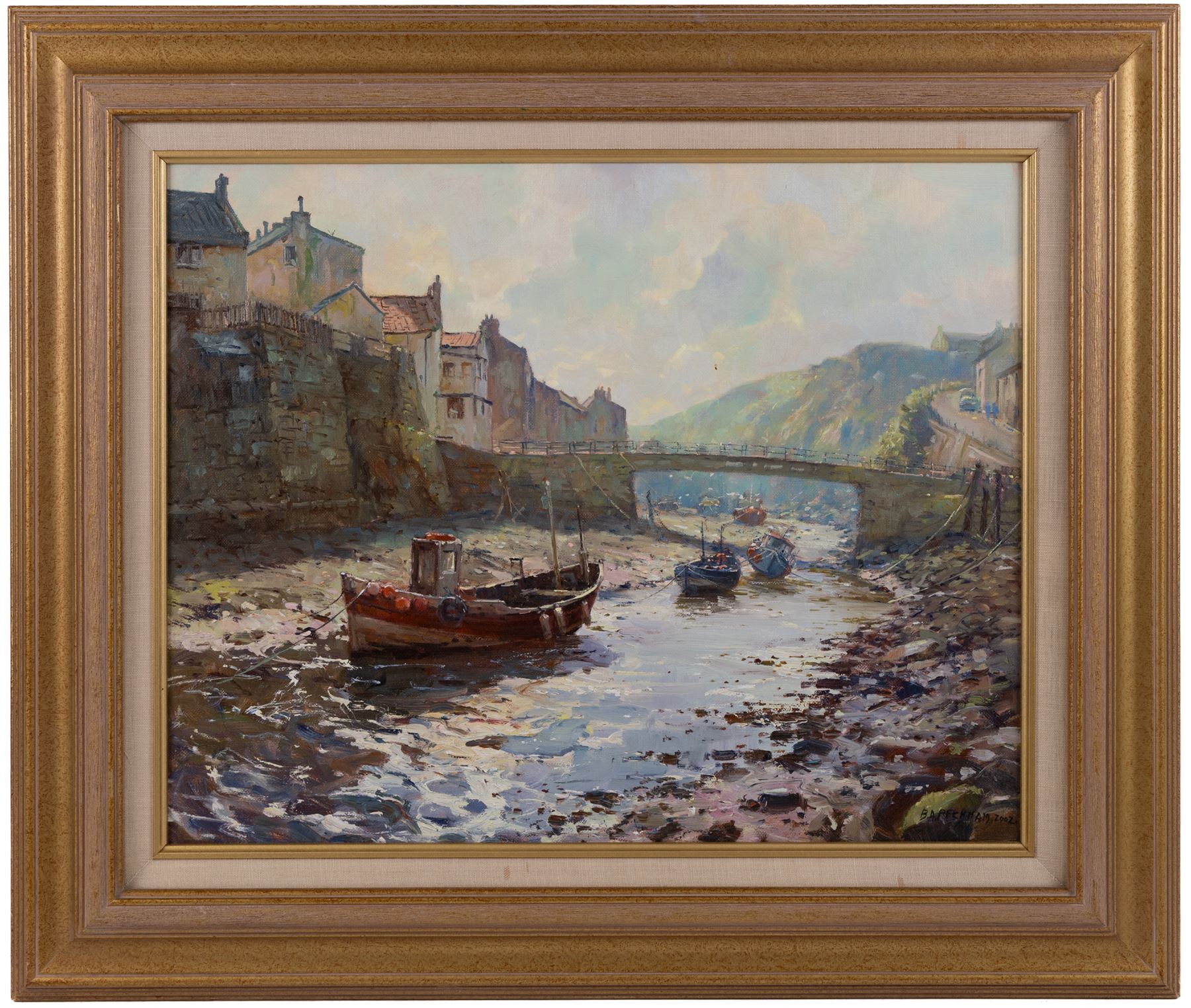 Barry Peckham (British 1945-): 'The Rising Tide - Staithes', oil on canvas board signed and dated 2002, titled verso 40cm x 50cm