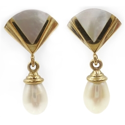  Pair of 9ct gold pearl and mother of pearl pendant ear-rings, hallmarked  