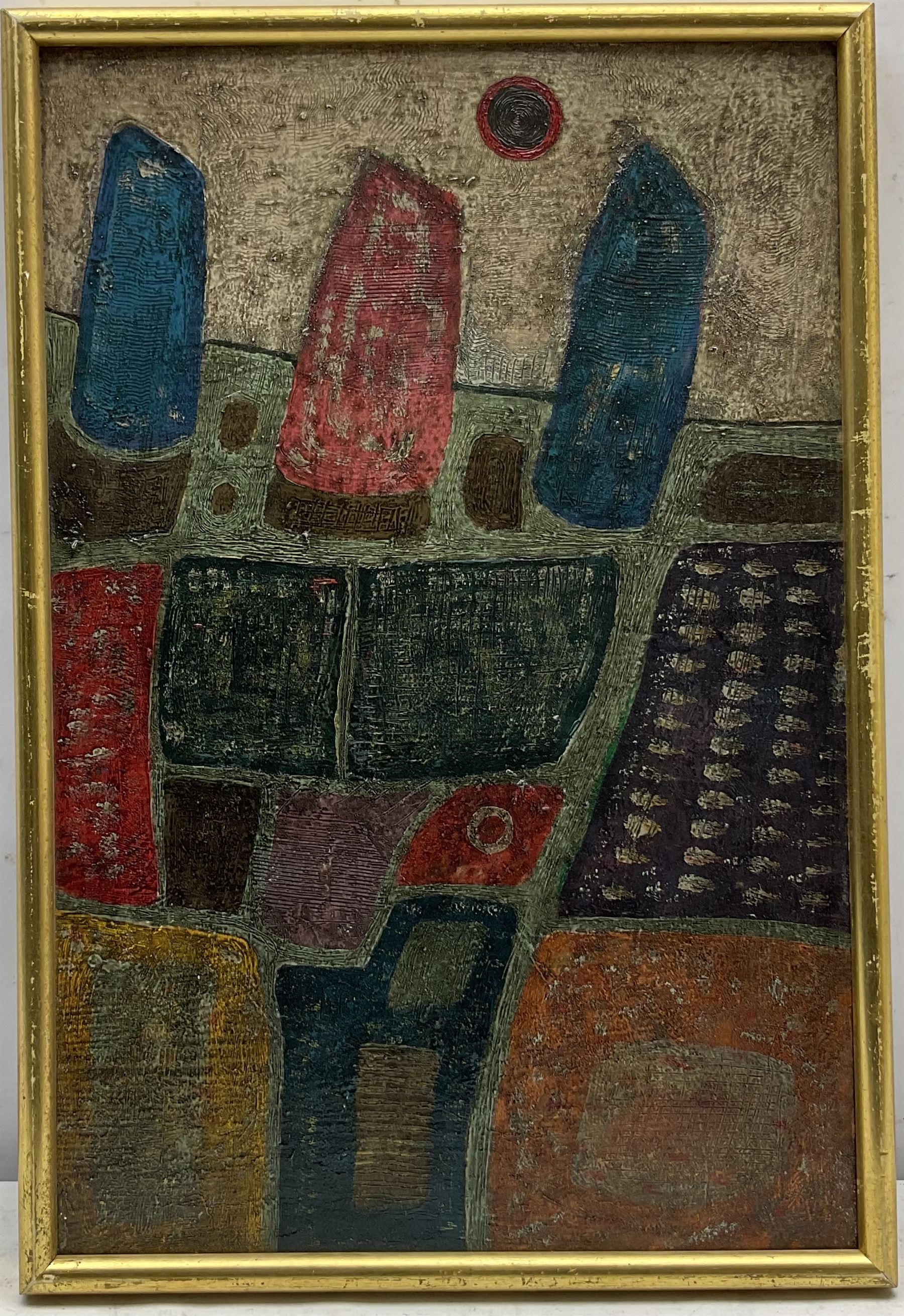 John Christopherson (British 1921-1996): 'Landscape with Black Sun', textured oil on board, inscribed titled and dated 23rd May 1962 with artist's address labels verso 45cm x 30cm