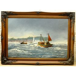 Robert Sheader (British 20th century): Trawlers Returning to Scarborough, oil on board signed 50cm x 75cm