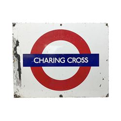 Enamel station sign for Charing Cross in red and blue on a white ground 56 x 71cm with hanging brackets
