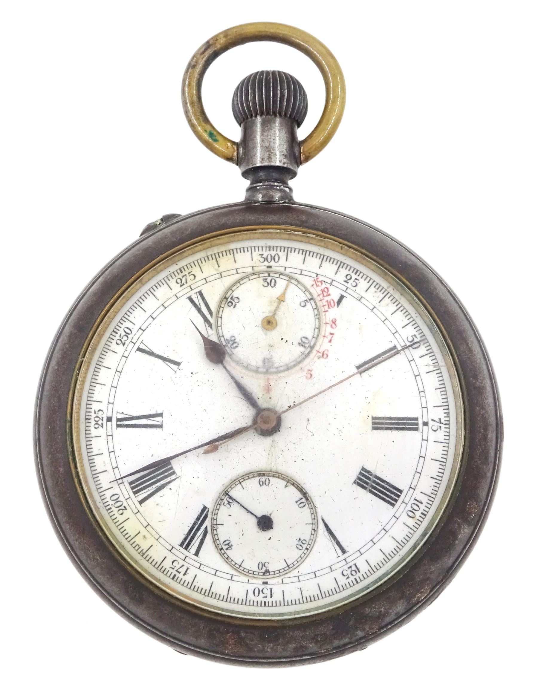Early 20th century gun metal open face double sided chronograph speed indicator pocket watch by Mensor, white enamel dial with Roman numerals, subsidiary constant seconds and thirty minute recording dials, the signed reverse dial for speed calculation