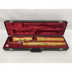 Wooden bass recorder, possibly by Roessler but unmarked, in fitted and lined case 