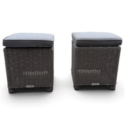 Kettler - Palma rattan garden lounge suite, comprising modular corner sofa (DIM) with slatted and rattan garden table on end supports (DIM), and three stools (DIM), with loose seat cushions