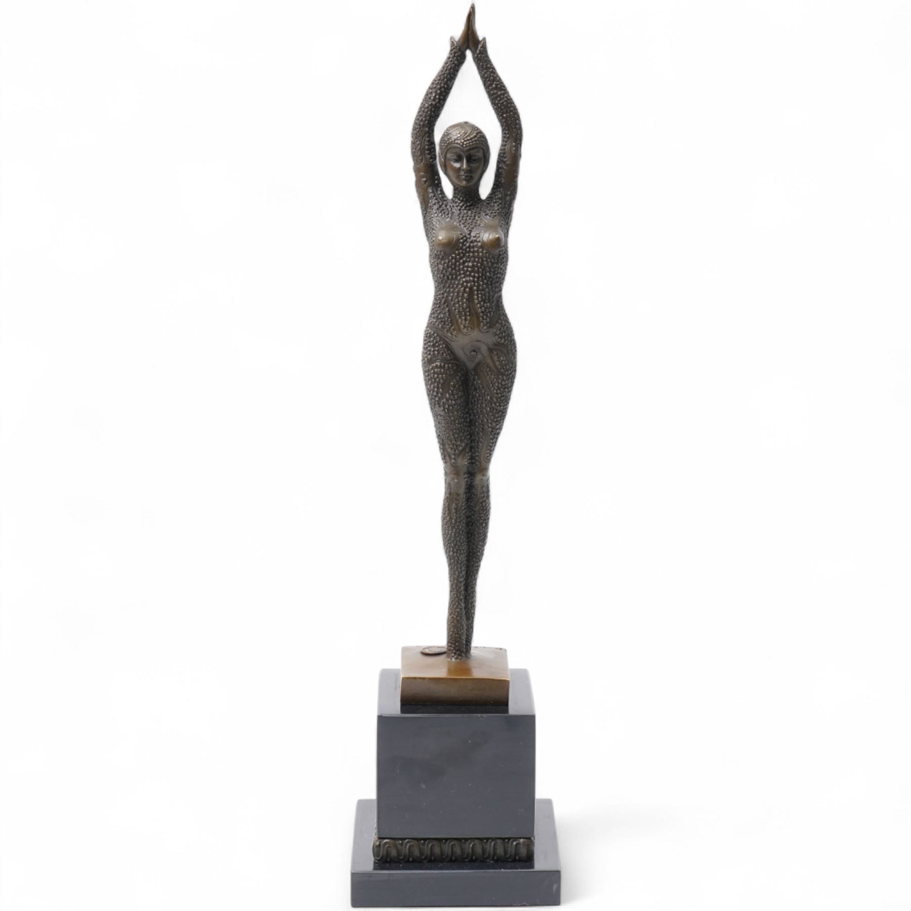 After Dimitri Chiparus - Starfish Dancer, art deco style bronze upon black marble plinth, overall H48.5cm