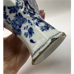 Pair of 19th century Delft blue and white vases, of canted baluster form, decorated with birds amidst flowers within a moulded C scroll surround, H22cm 