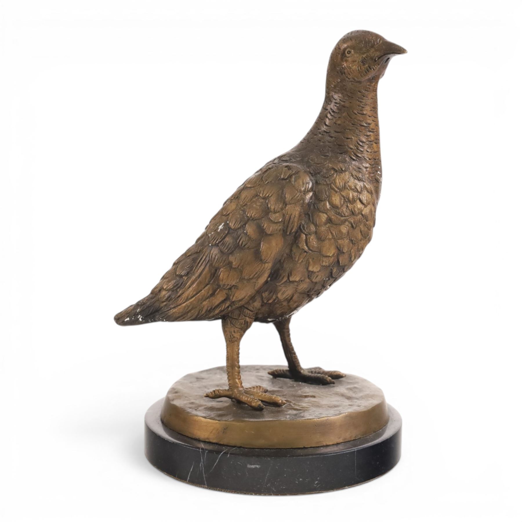 Bronze pheasant upon a circular marble base, together with a similar partridge, largest H25cm 