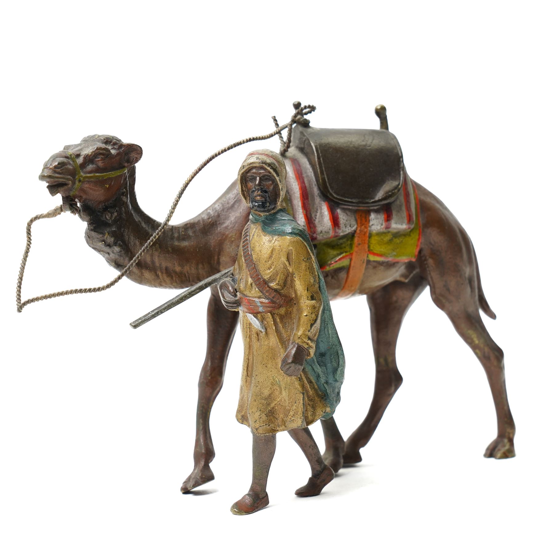 After Bergmann - Austrian School (20th Century) cold painted bronze of a Bedouin leading a camel L16cm