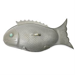 Chinese pewter covered tureen, in the form of a fish, with green hardstone eye, with engra...